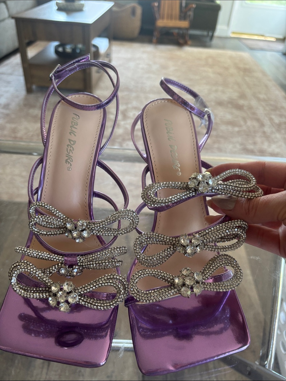Public Desire Shimmery Purple Strappy Heels with Crystal Bow Accents